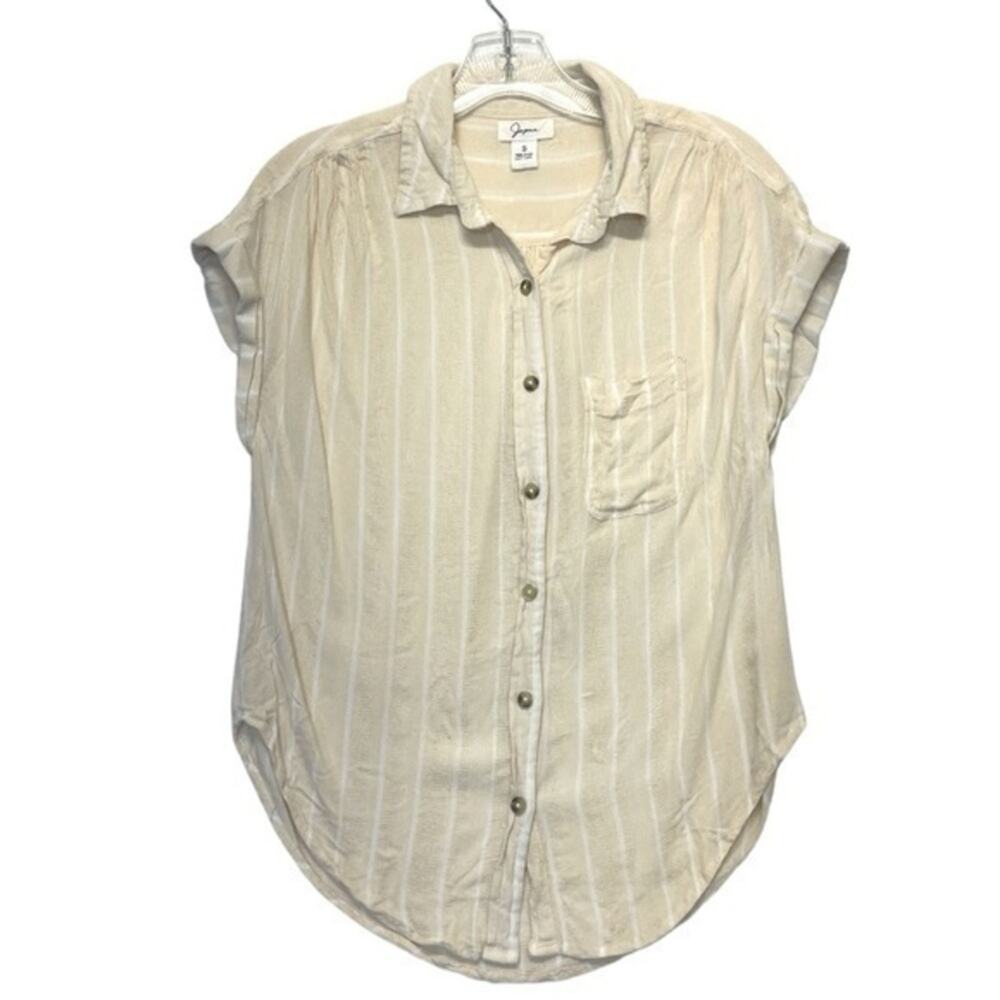 Blouse Gauzy Muslin Rayon Button Down Top Women’s small stripe cream white Japna